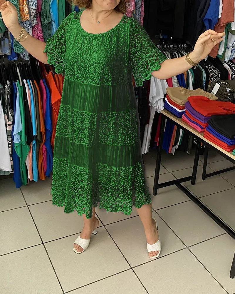🔥👗【S-5XL】Kratke haljine od čipke s okruglim izrezom i kratkim rukavima | Visokokvalitetna izrada s profinjenim detaljima
