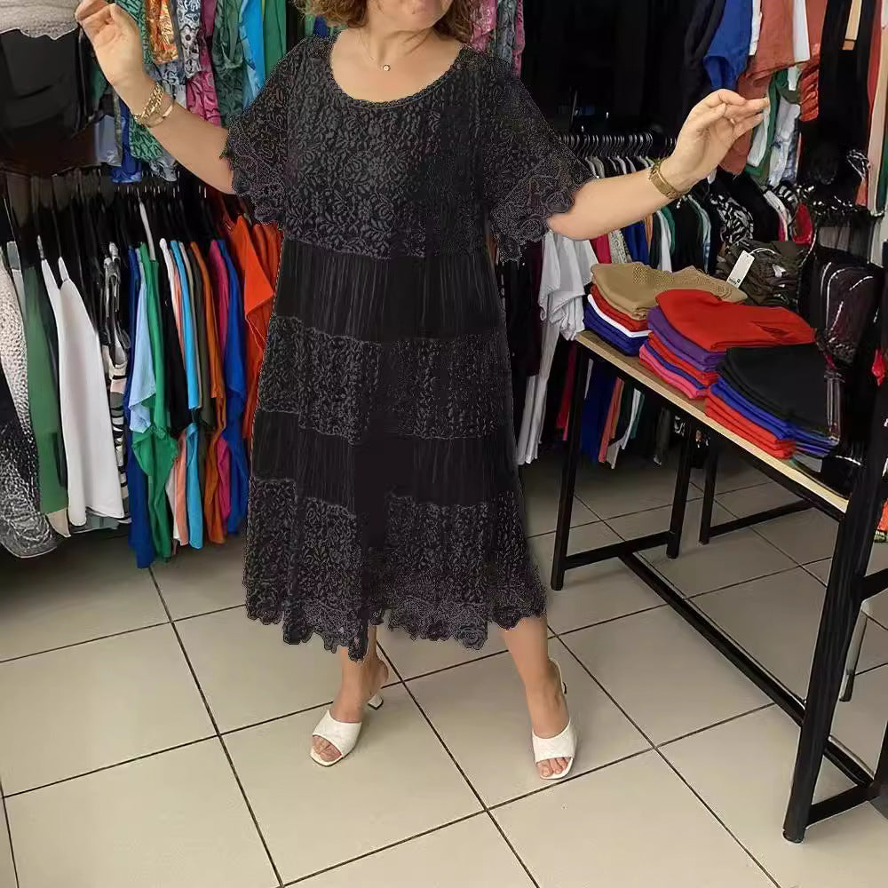 🔥👗【S-5XL】Kratke haljine od čipke s okruglim izrezom i kratkim rukavima | Visokokvalitetna izrada s profinjenim detaljima