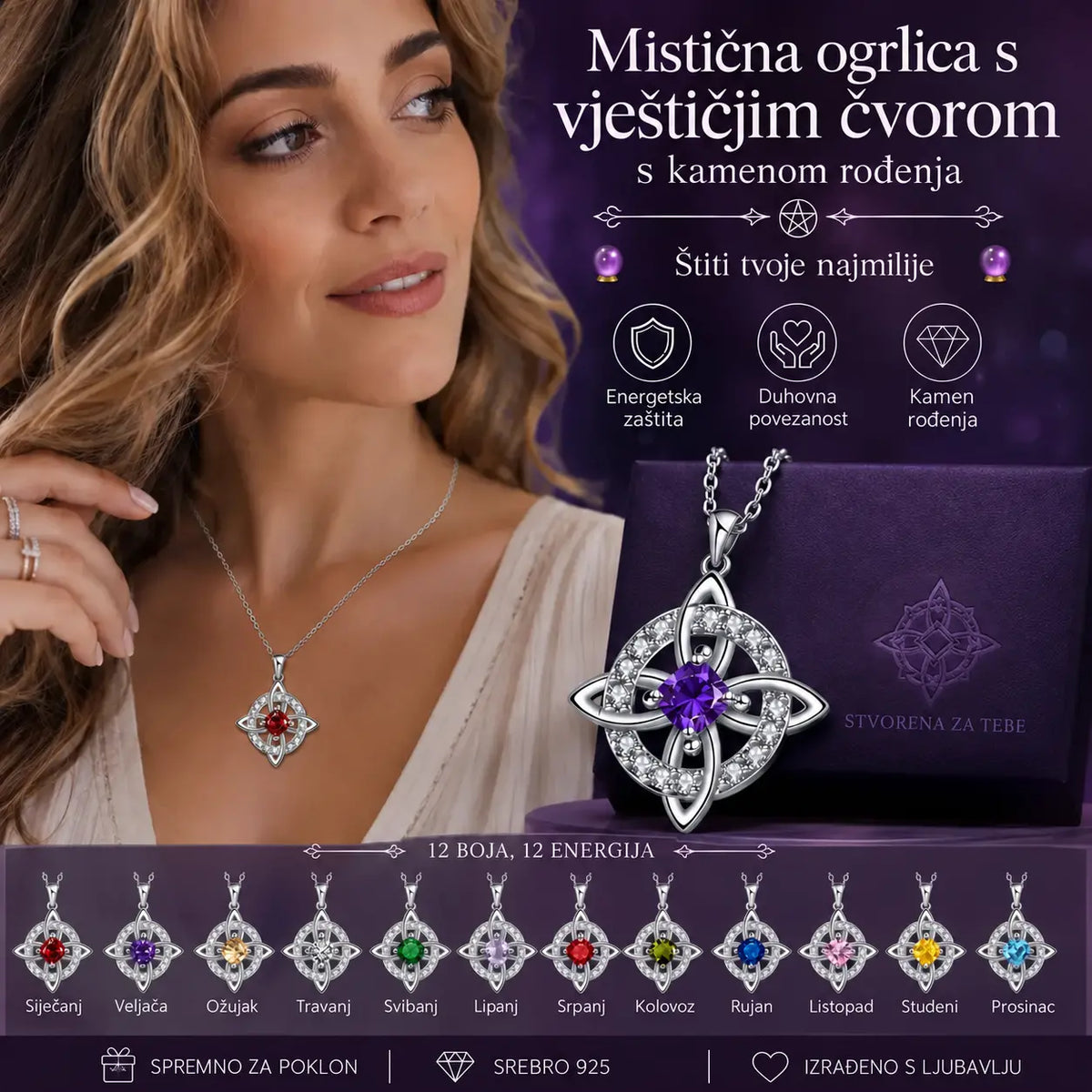 ✨🔮 Ogrlica s mističnim vještičjim čvorom i kamenom rođenja 💞 Zaštitite svoje voljene