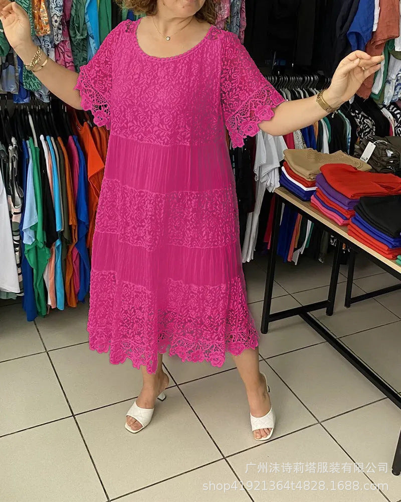 🔥👗【S-5XL】Kratke haljine od čipke s okruglim izrezom i kratkim rukavima | Visokokvalitetna izrada s profinjenim detaljima