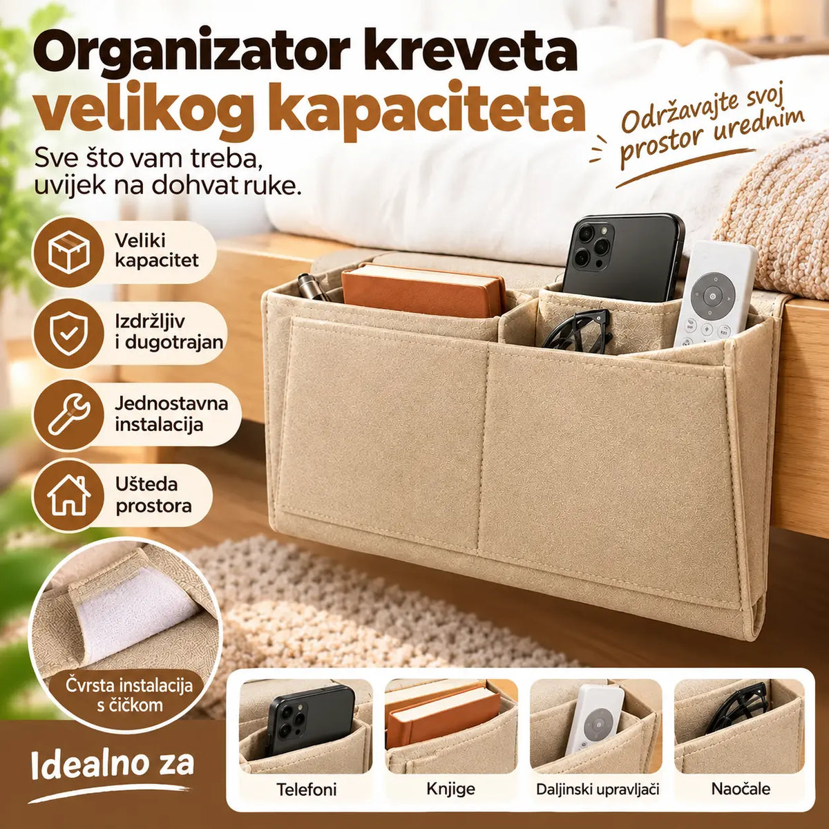 🔥Akcija – 50% popusta! 🛏️Viseći organizator za krevet: sve što ti treba nadohvat ruke