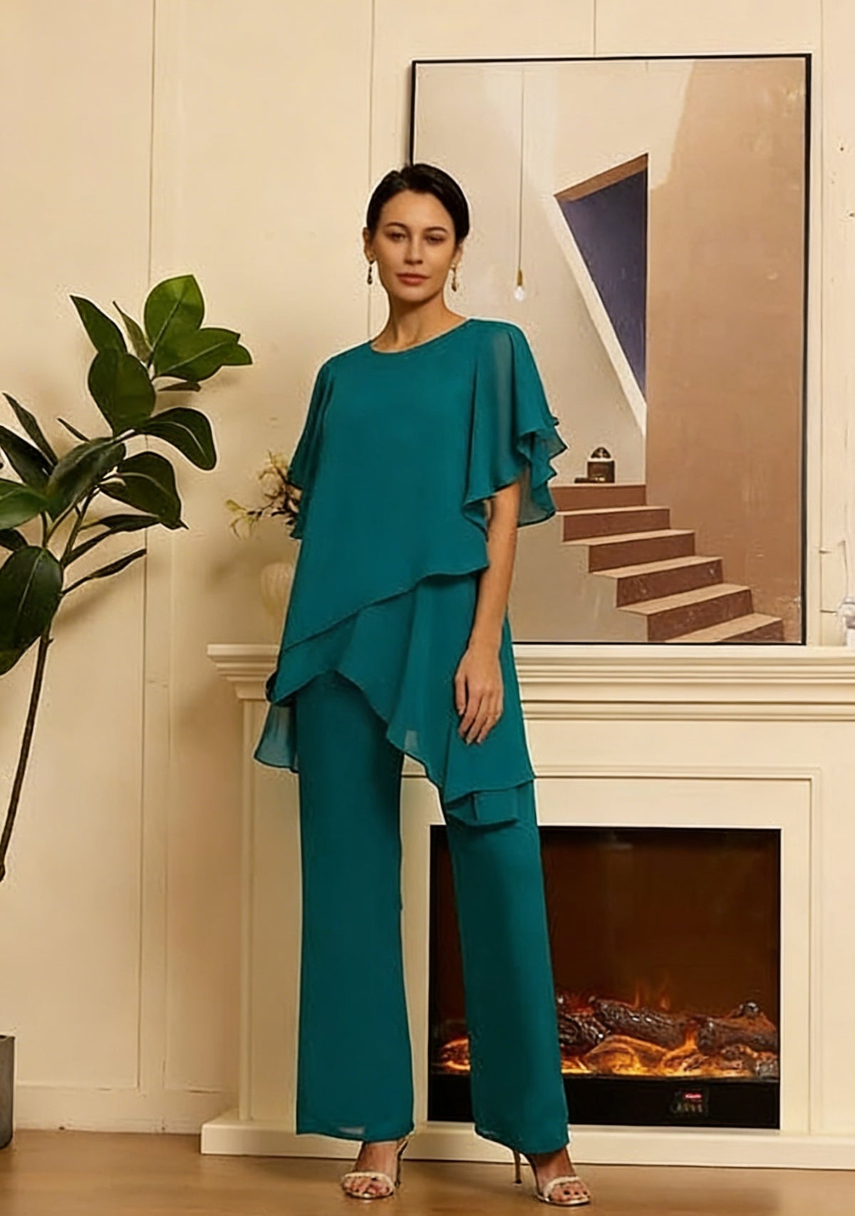 💥【Bluza + Hlače】【40-100KG】Novi elegantni široki komplet od šifona u jednobojnom dizajnu