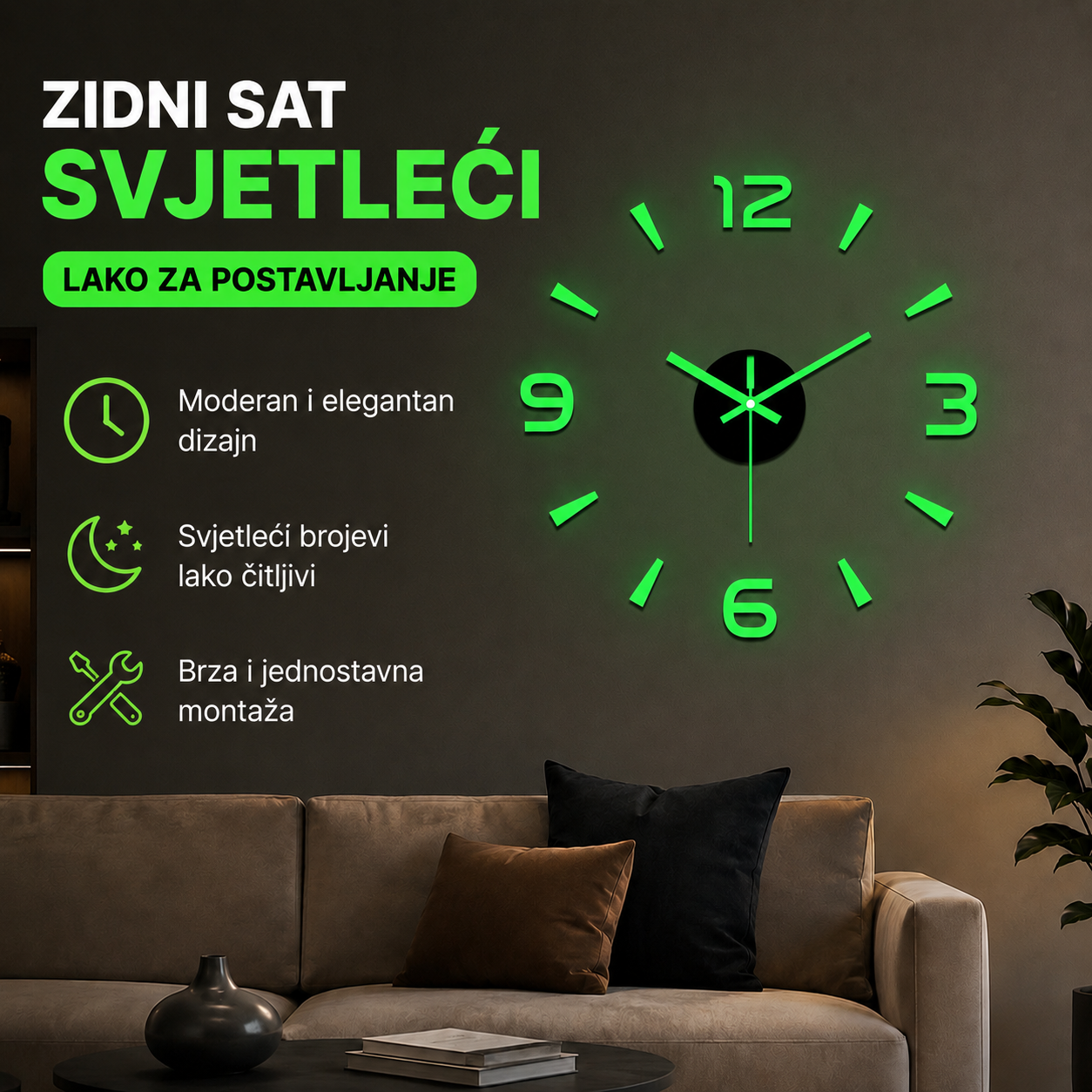🕑✨Moderni LED 3D akrilni svjetleći zidni sat – bez bušenja, jednostavna montaža