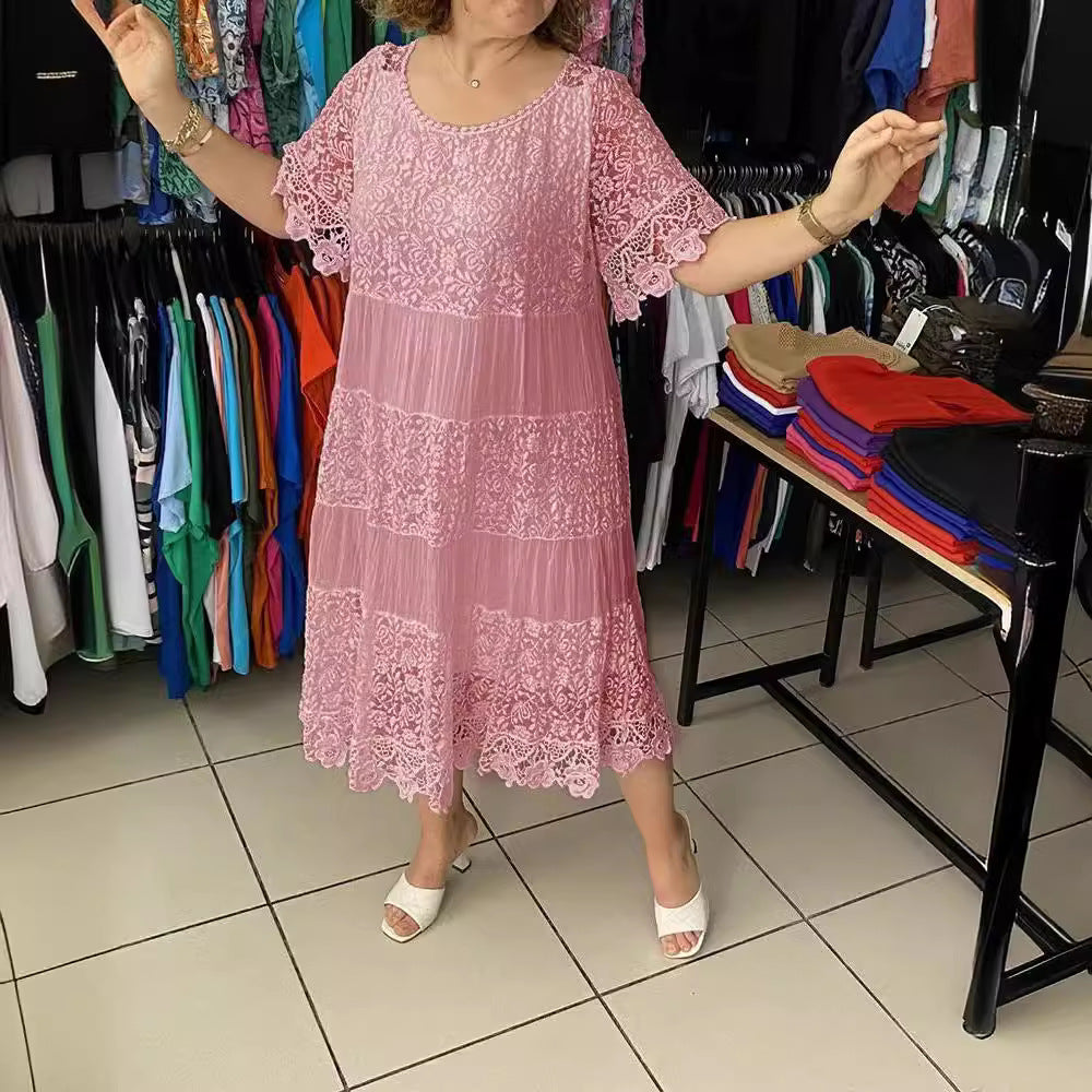 🔥👗【S-5XL】Kratke haljine od čipke s okruglim izrezom i kratkim rukavima | Visokokvalitetna izrada s profinjenim detaljima