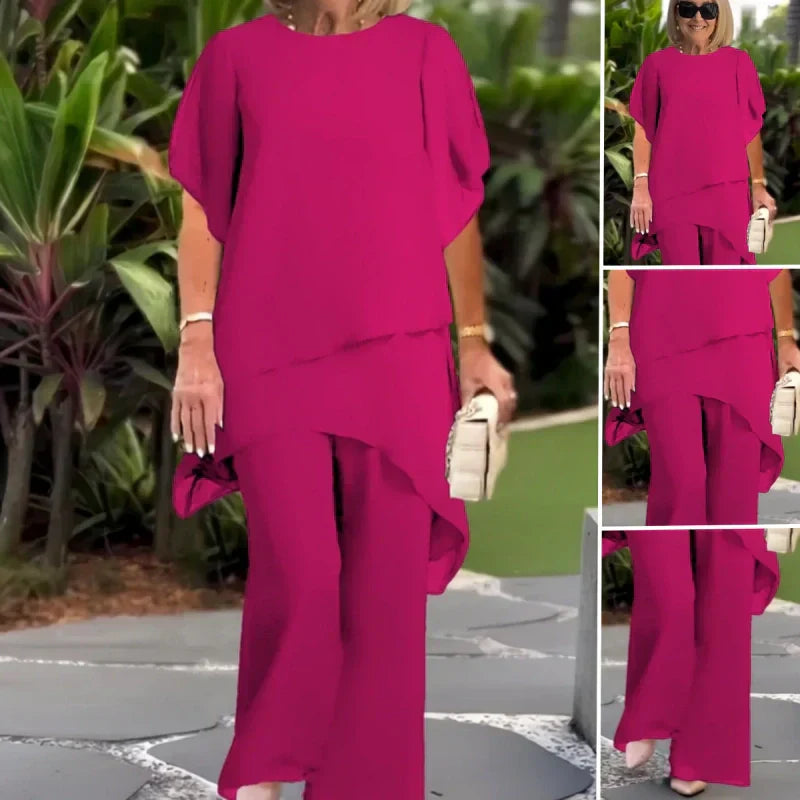 💥【Bluza + Hlače】【40-100KG】Novi elegantni široki komplet od šifona u jednobojnom dizajnu