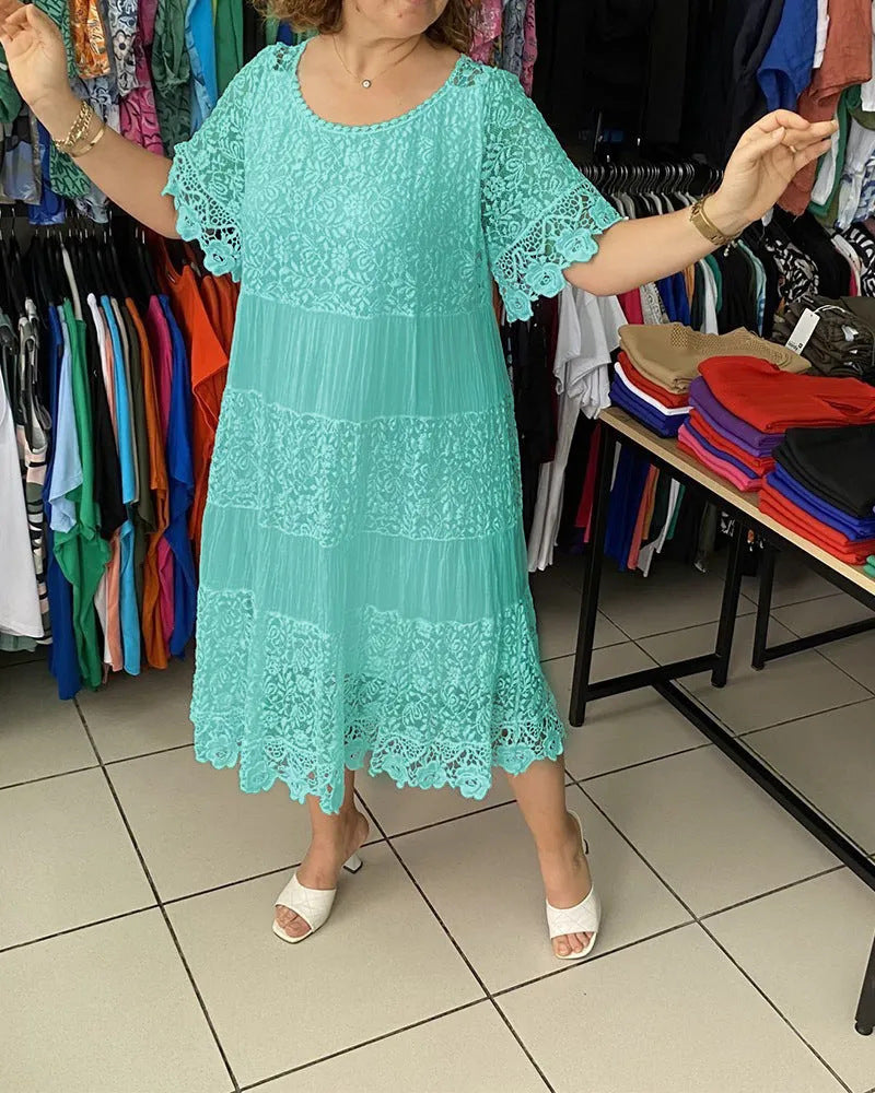 🔥👗【S-5XL】Kratke haljine od čipke s okruglim izrezom i kratkim rukavima | Visokokvalitetna izrada s profinjenim detaljima
