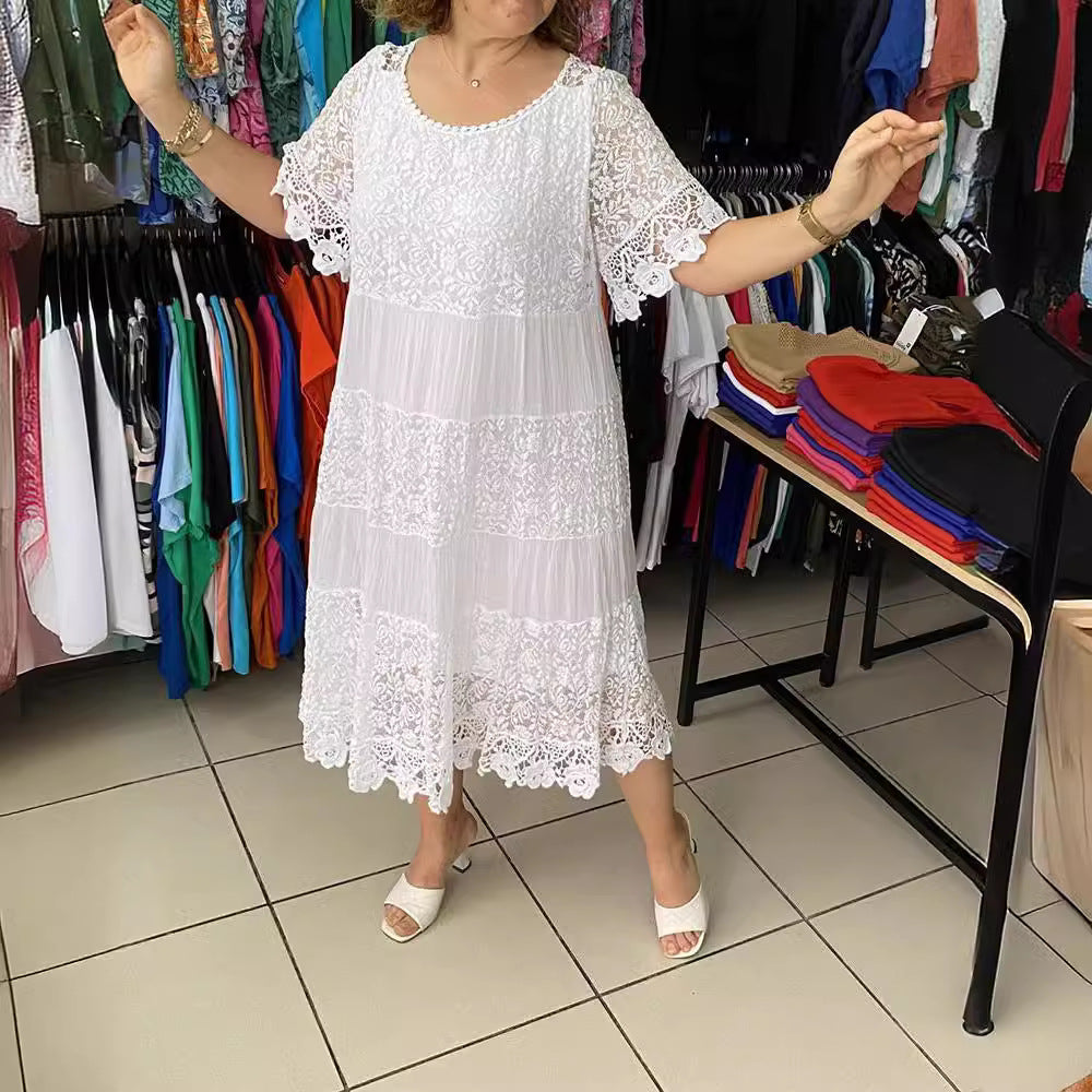 🔥👗【S-5XL】Kratke haljine od čipke s okruglim izrezom i kratkim rukavima | Visokokvalitetna izrada s profinjenim detaljima