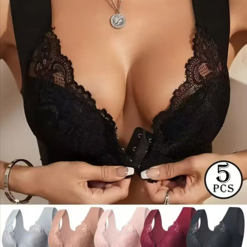 🔥Bestseller – Set od 5 komada😍【40-110KG】Ženski grudnjak s prednjim kopčanjem, izvrstan efekt podizanja i oblikovanja, s elegantnim čipkastim dizajnom