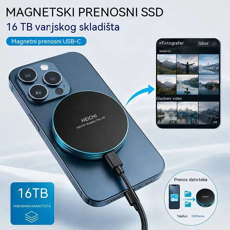 ⚡🧲Brzi magnetski prijenosni SSD od 16 TB | Brzina prijenosa 1050 MB/s i kompatibilnost s više uređaja