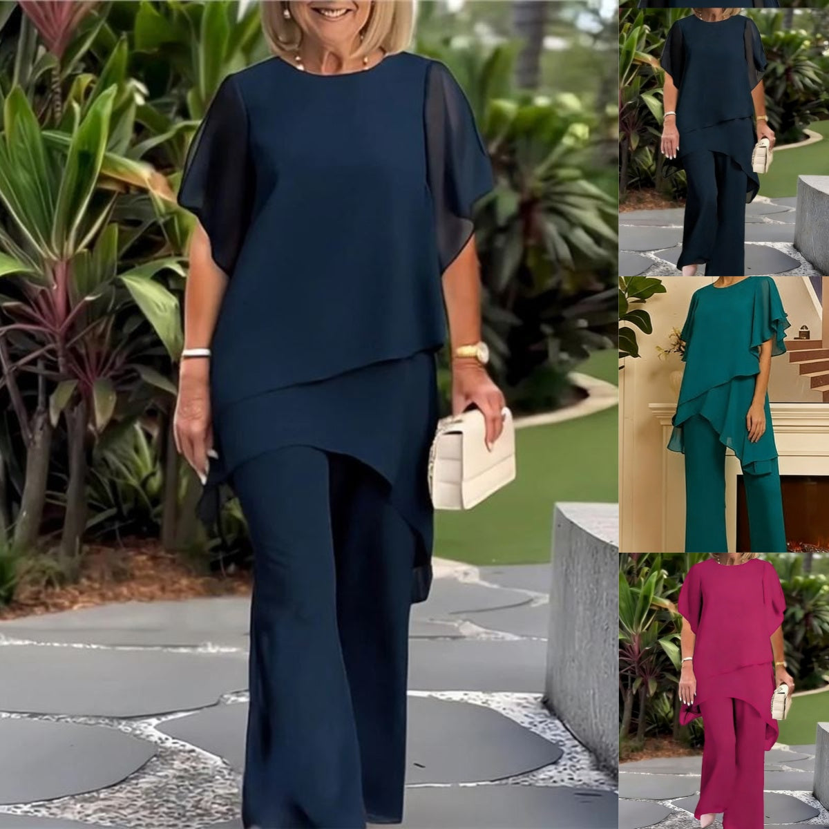 💥【Bluza + Hlače】【40-100KG】Novi elegantni široki komplet od šifona u jednobojnom dizajnu